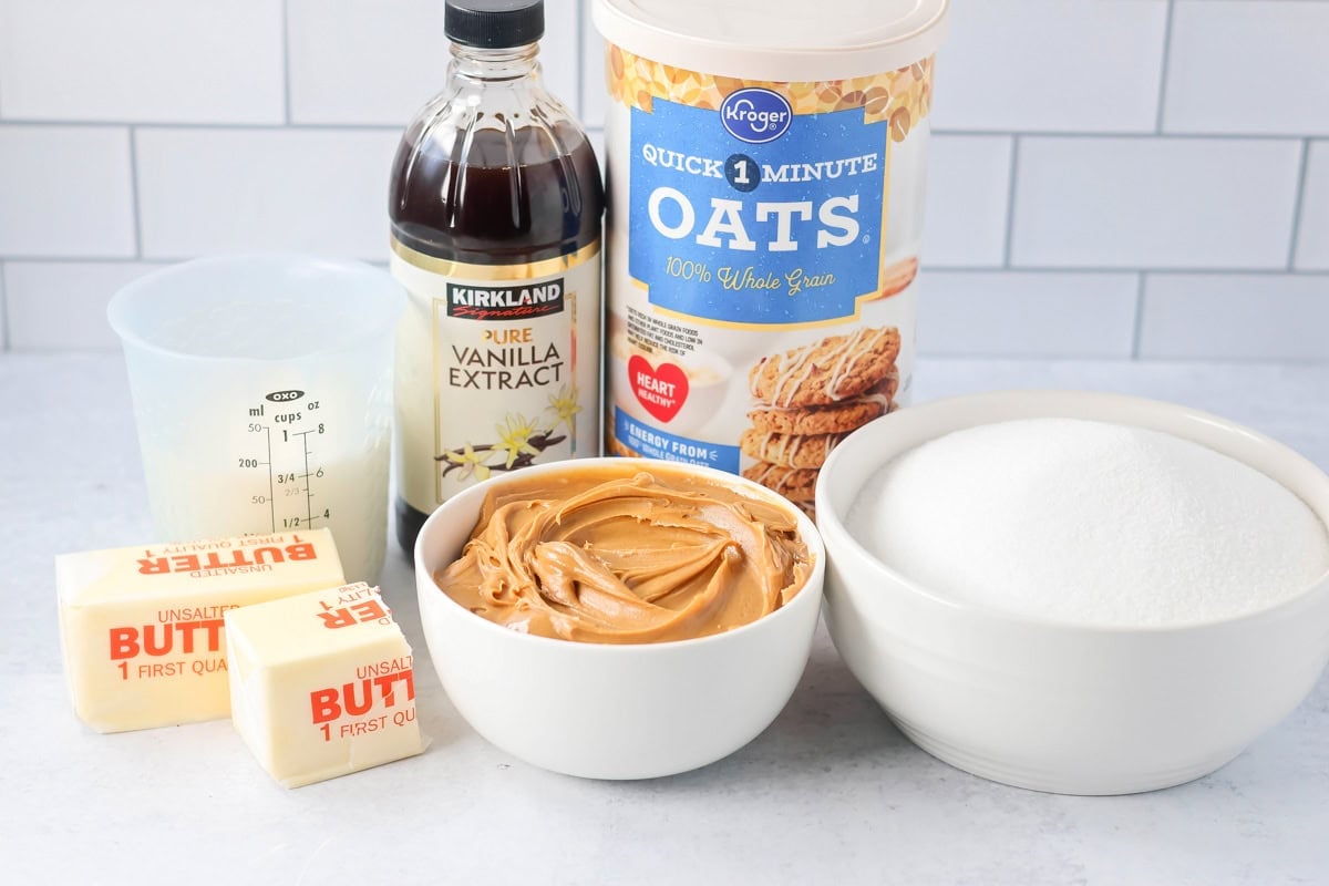 Peanut Butter No Bake Cookies ingredients on counter.