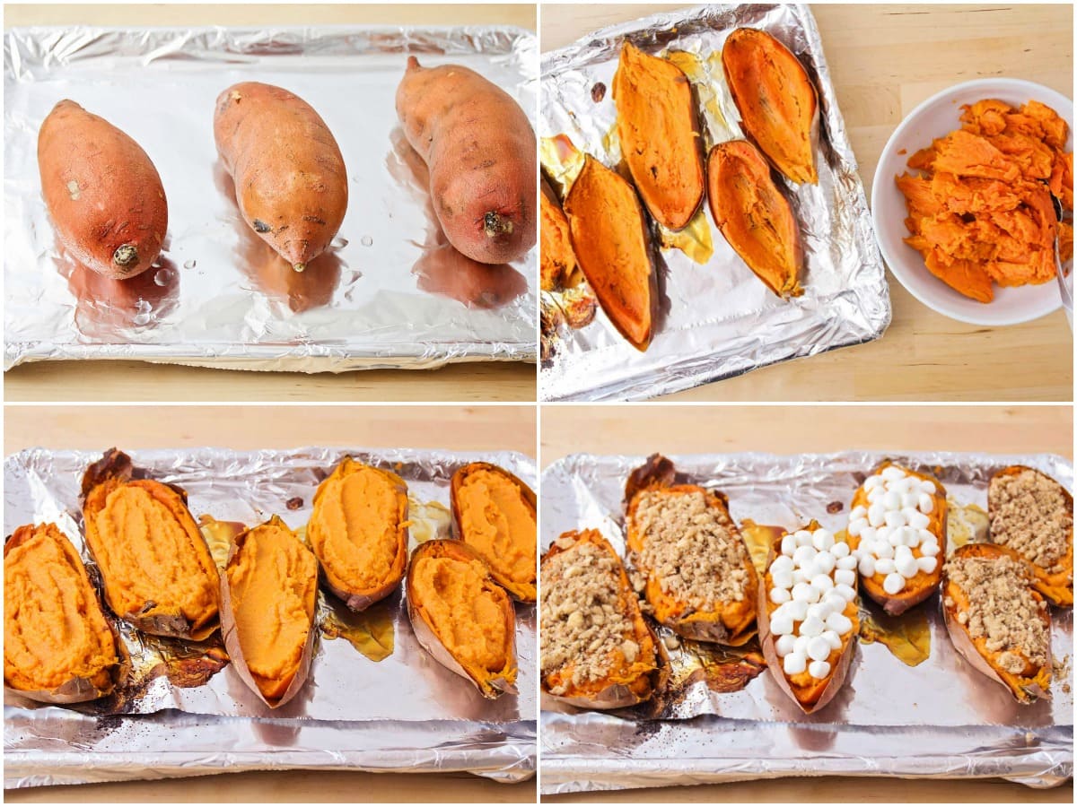 Step by step process pictures of cutting, filling, and twice baking sweet potatoes