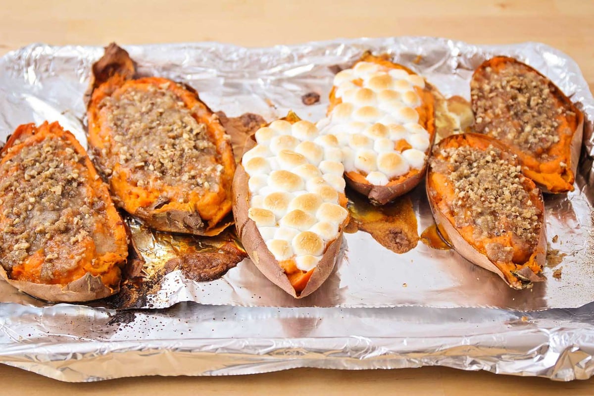 Twice baked sweet potatoes with marshmallow topping and streusel topping