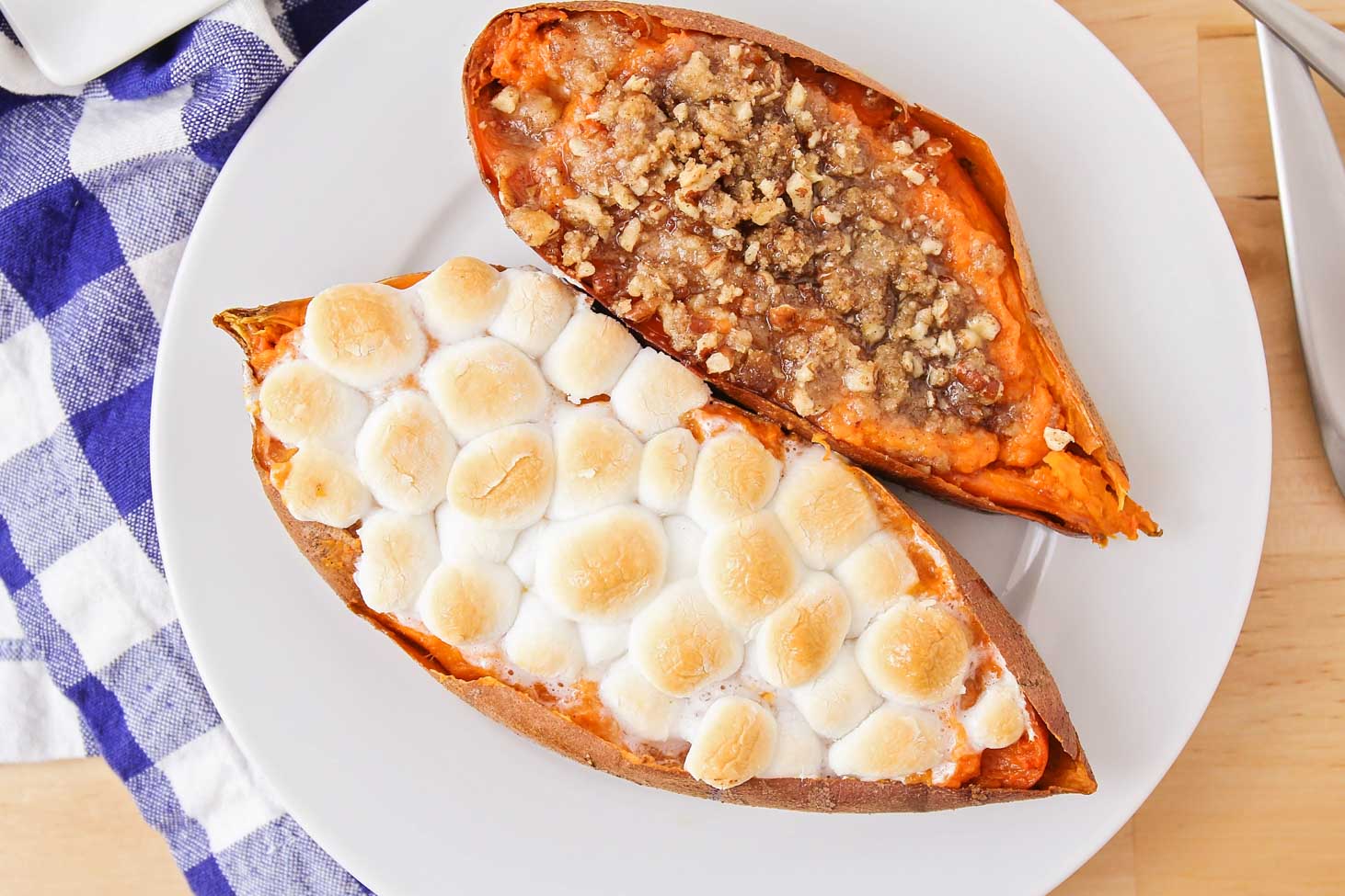 Twice baked sweet potatoes on a white plate