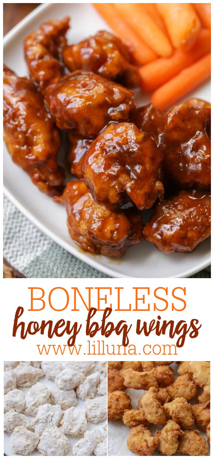Honey BBQ Boneless Wings piled high on a white plate, accompanied by carrots.