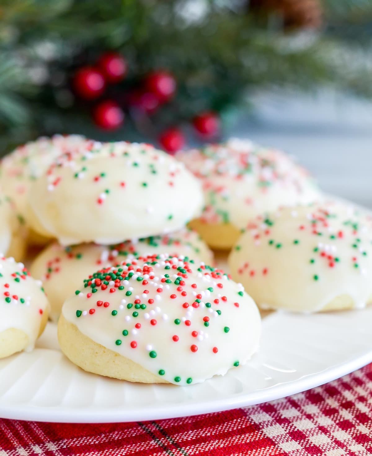 Italian Christmas Cookies covered in red and green sprinkles