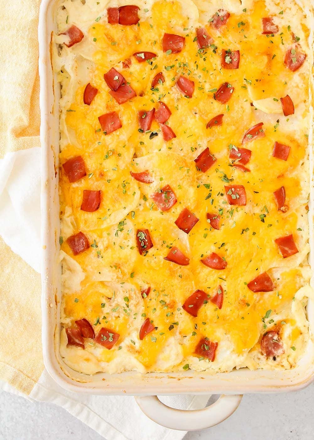 Scalloped Potatoes and Ham in baking dish