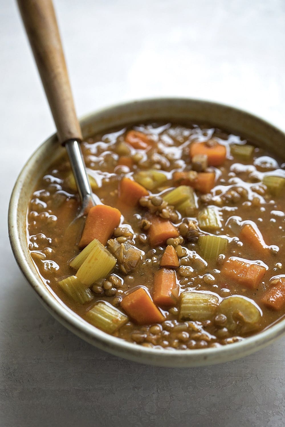 Close up of lentil soup in bowl.