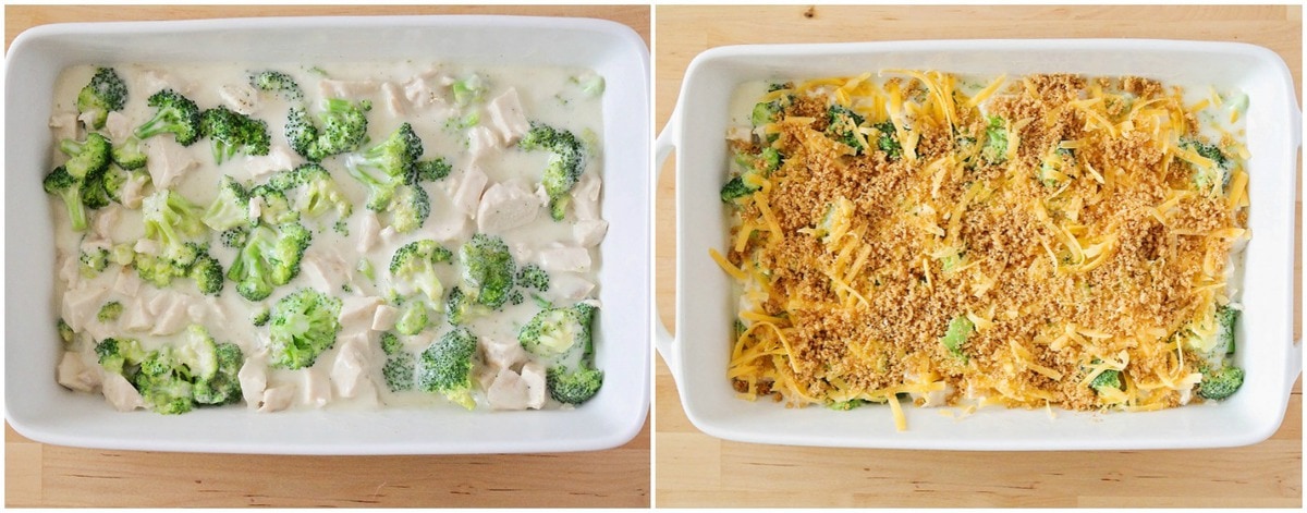 Creamy chicken and broccoli Chicken Divan topped with cheese and bread crumbs in a baking dish.
