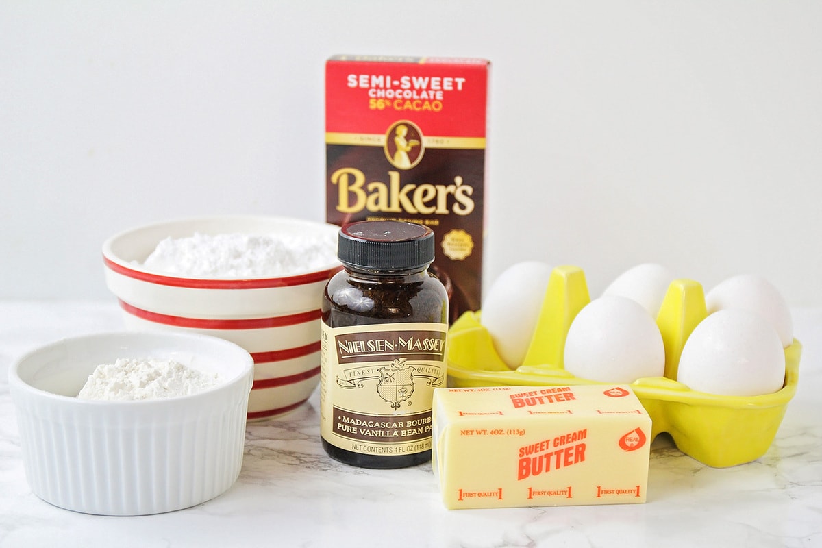 Chocolate Lava Cake Ingredients on the kitchen counter.