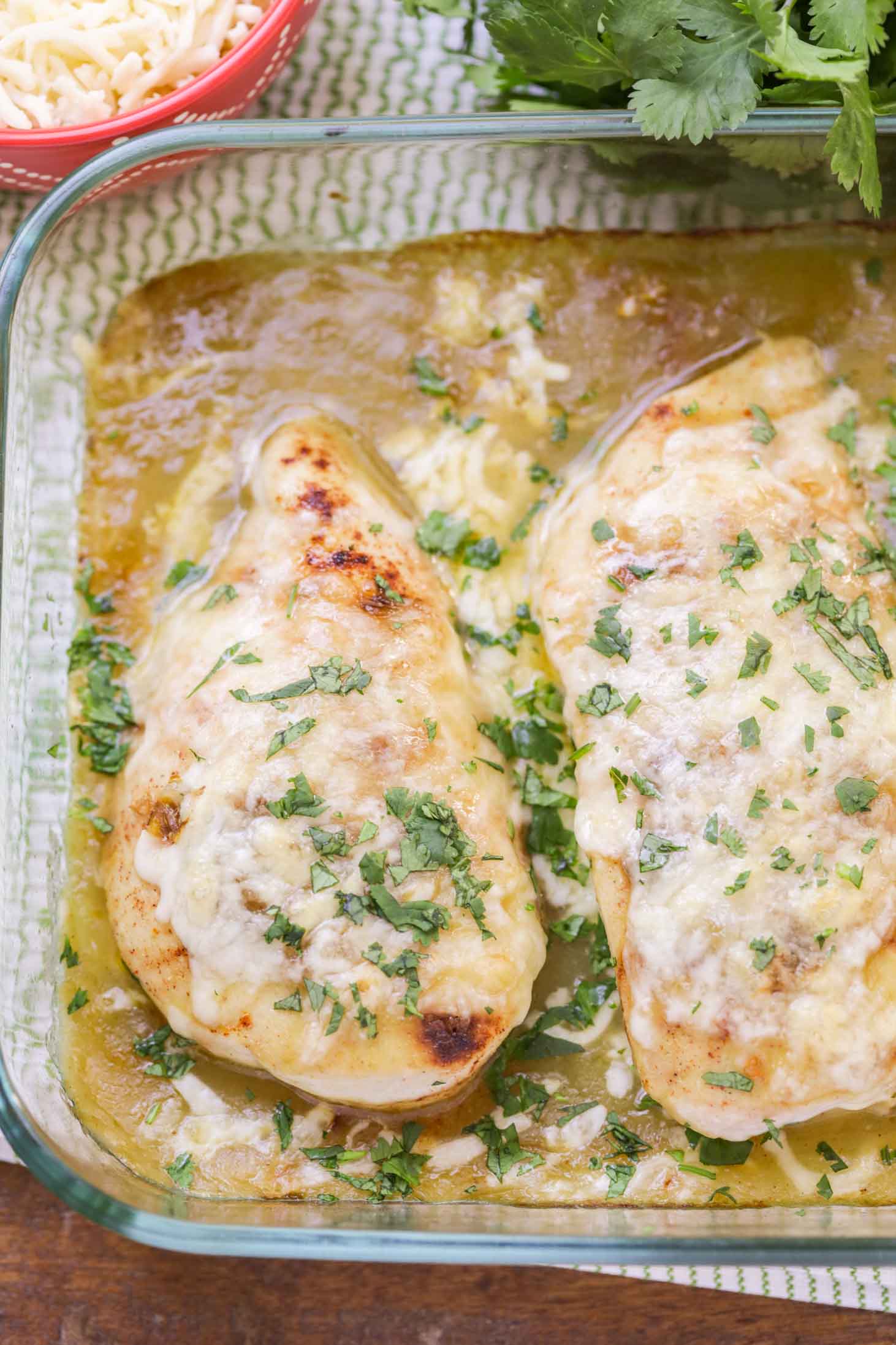 Green Chili Chicken in a glass baking dish