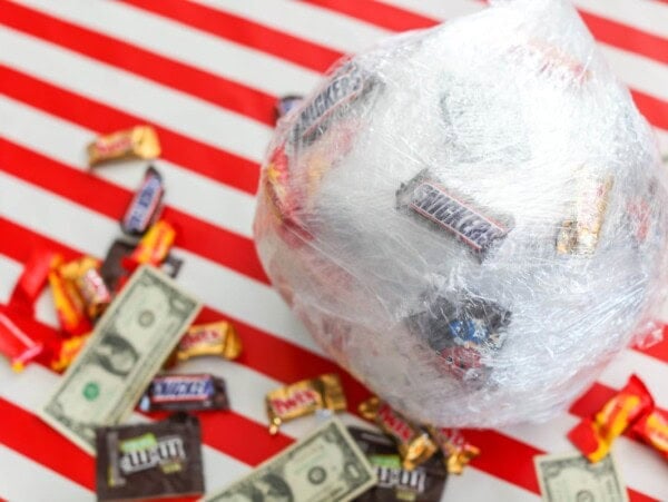 Saran Wrap ball game filled with prizes.