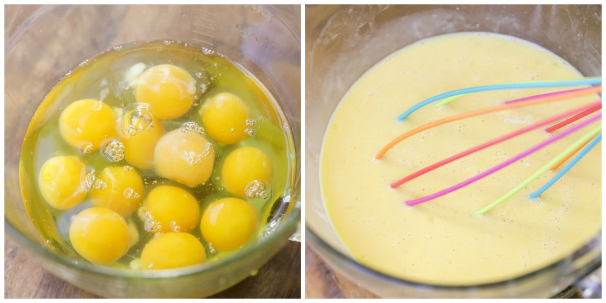 Eggs cracked in bowl and whipped together.