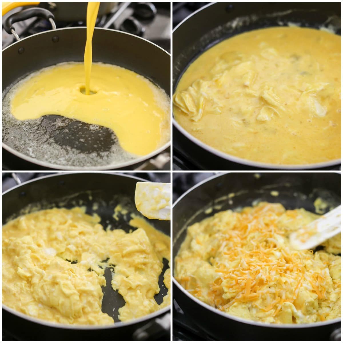 Scrambled Eggs Recipe steps in a fry pan