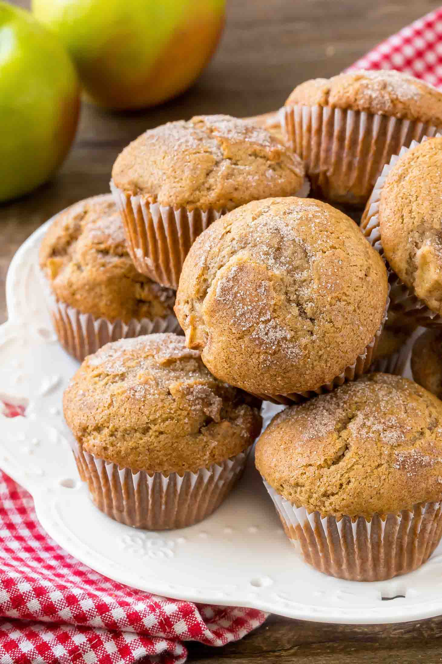 Apple Cinnamon Muffins stacked on a white plate