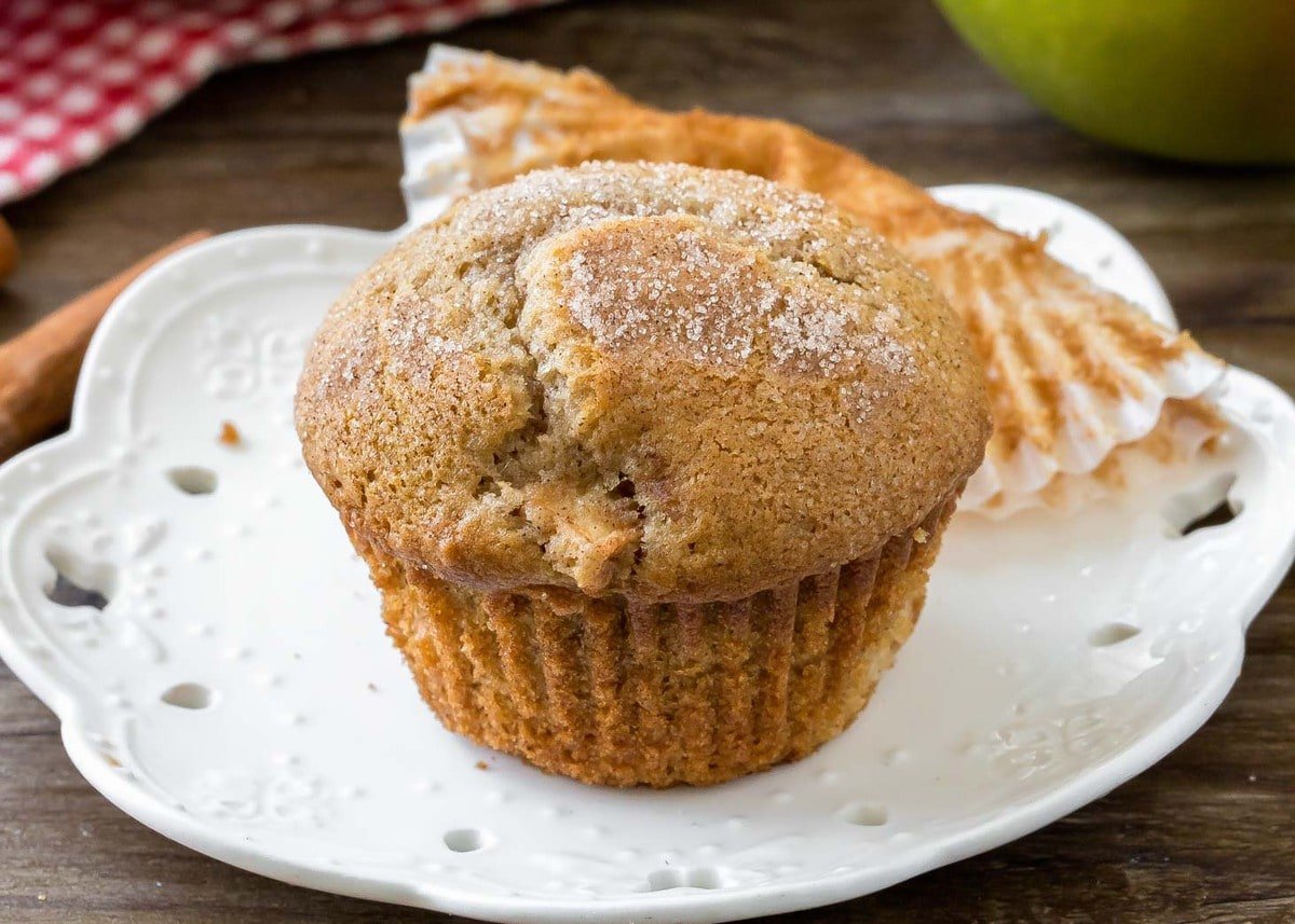 Easy Breakfast Ideas - apple cinnamon muffin on a white plate. 