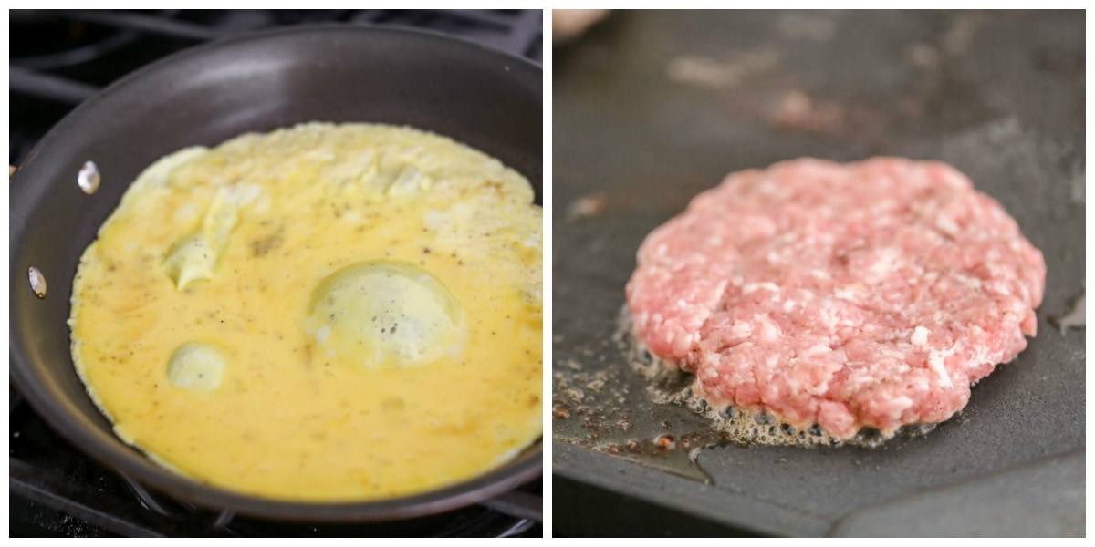 Make Ahead Breakfast Sandwiches ingredients on skillet