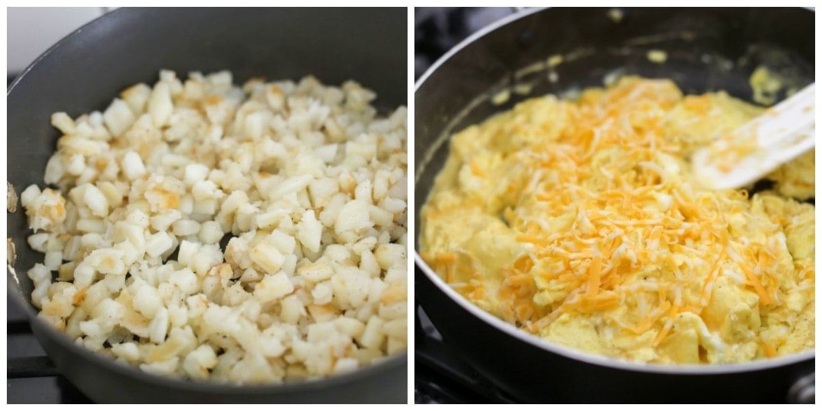diced potatoes and scrambled eggs in two separate pans