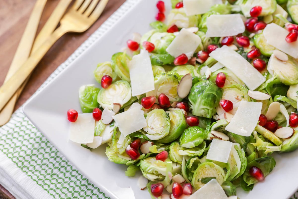 Brussel Sprout Salad with pomegranate on plate