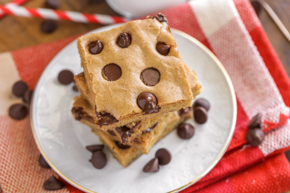 4th of July Desserts - Chocolate chip cookie bars stacked on a plate.