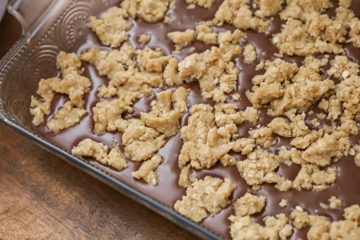 Oats crumbled over chocolate layer.