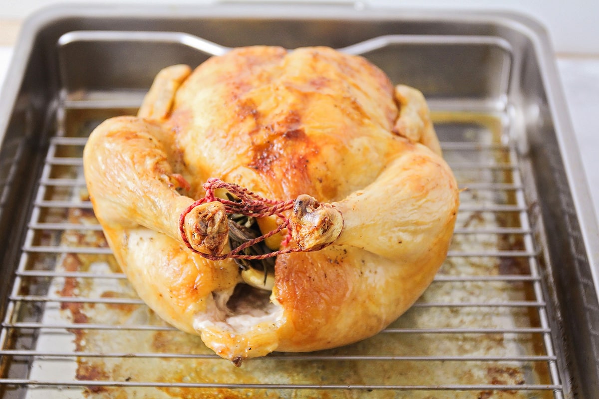 Whole Roasted Chicken in Pan with legs tied with twine.