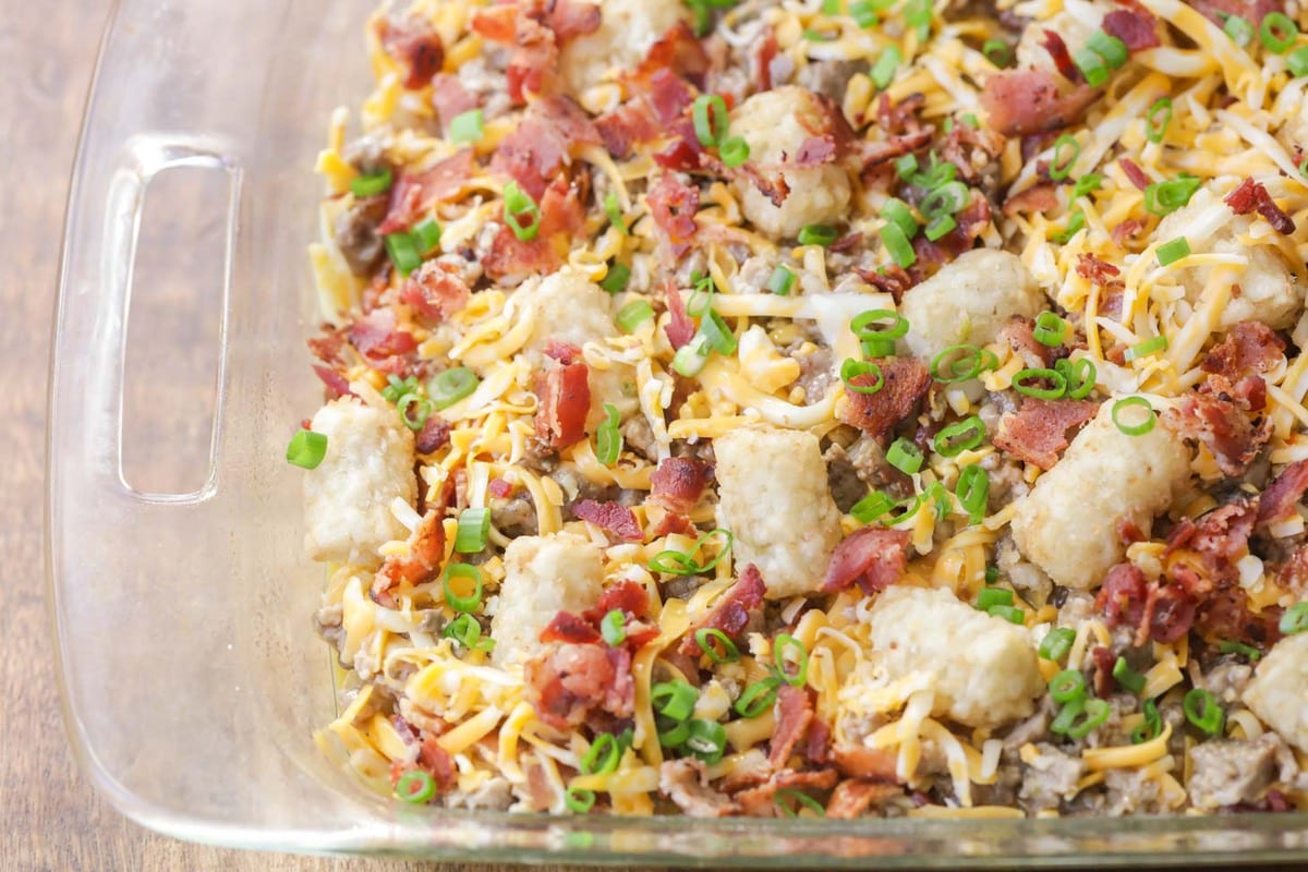 Tater Tot Breakfast Casserole Recipe in baking dish ready to bake.