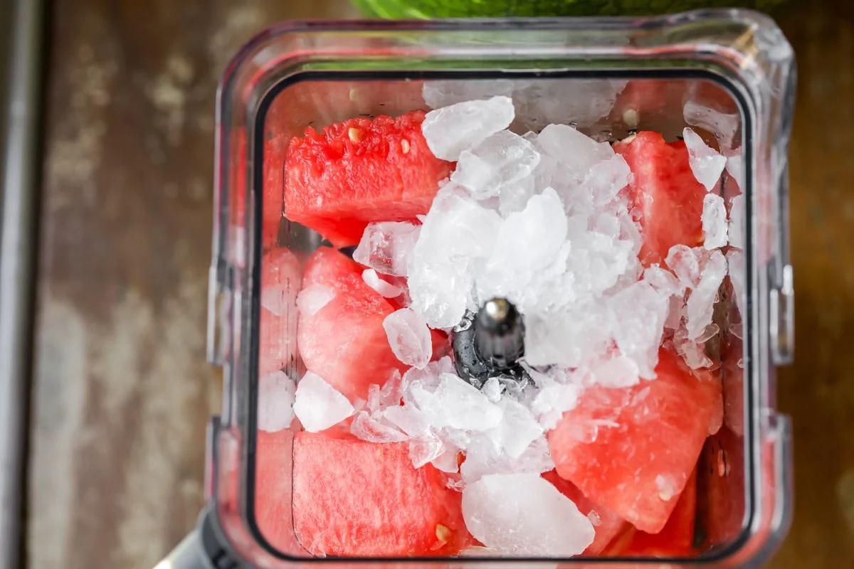 Ingredients in blender for watermelon smoothie recipe.