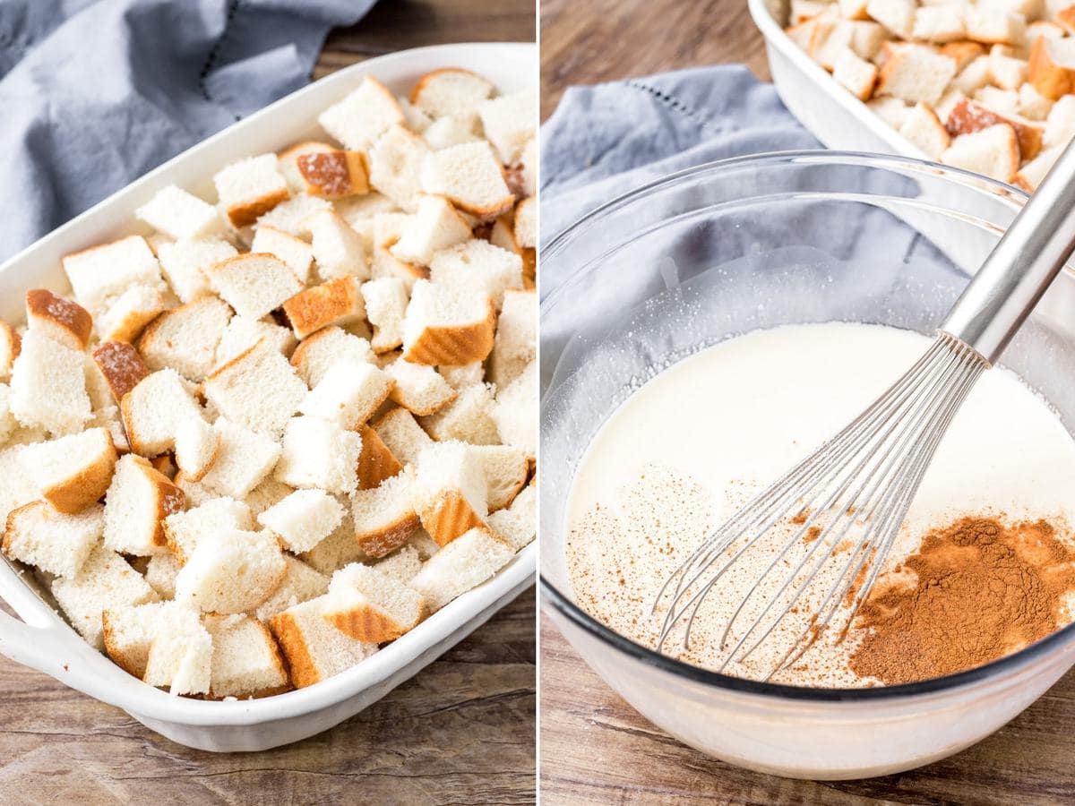 Step by step photos of how to make bread pudding. 