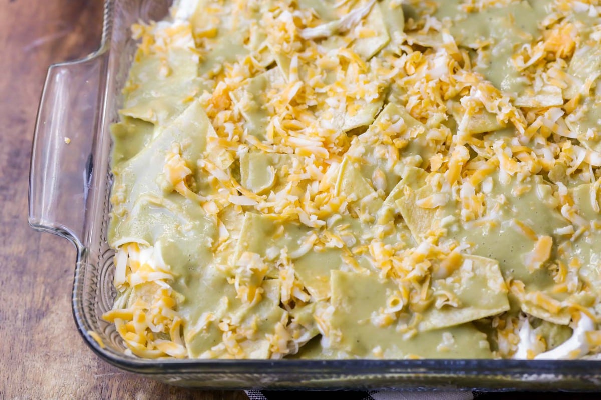 Green chile chicken enchilada casserole recipe process picture.