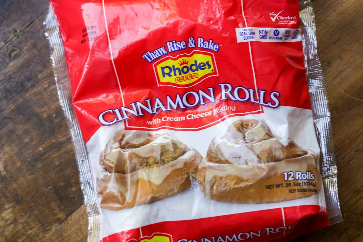 Rhodes Cinnamon rolls package used for cinnamon roll French Toast Bake.