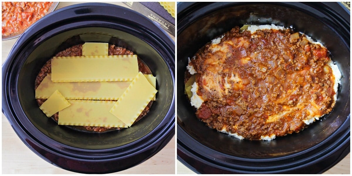 Layering pasta, meat sauce, and ricotta mixture in a crockpot.