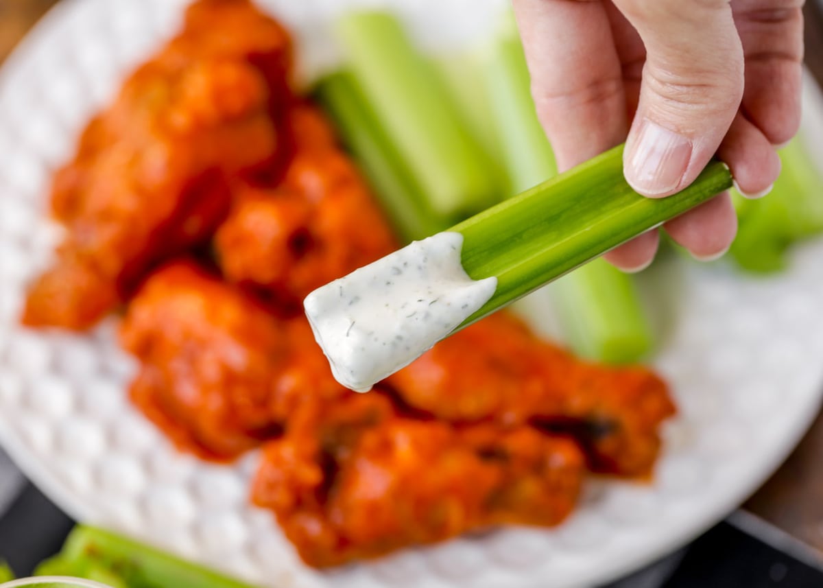 Homemade Ranch with veggies and wings