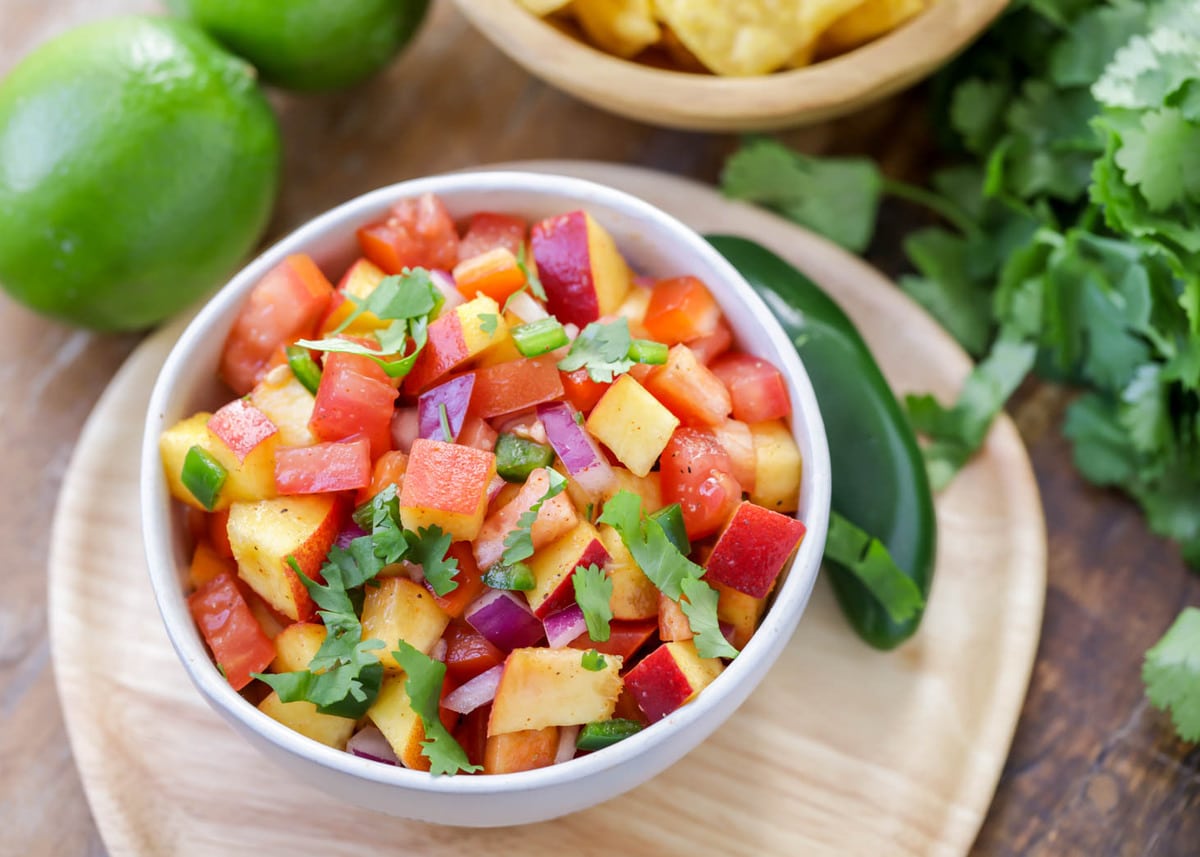 4th of July Appetizers - Peach salsa in a small white bowl.
