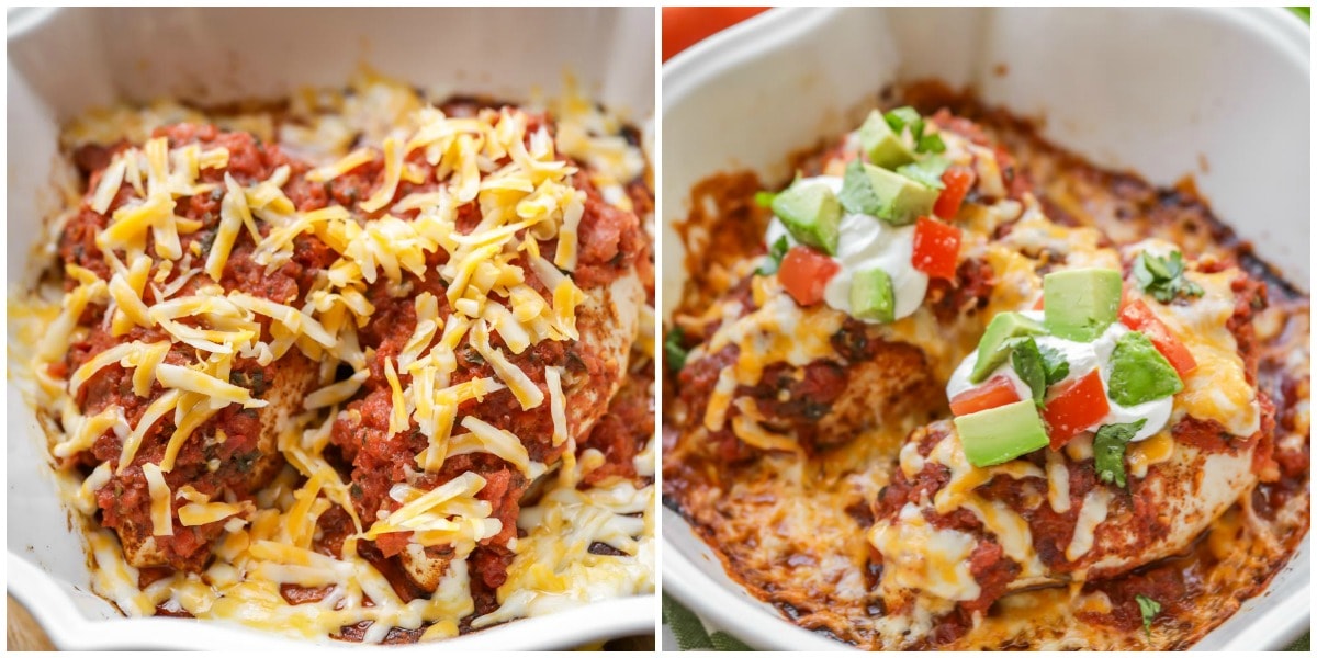 Baked salsa chicken in a baking dish