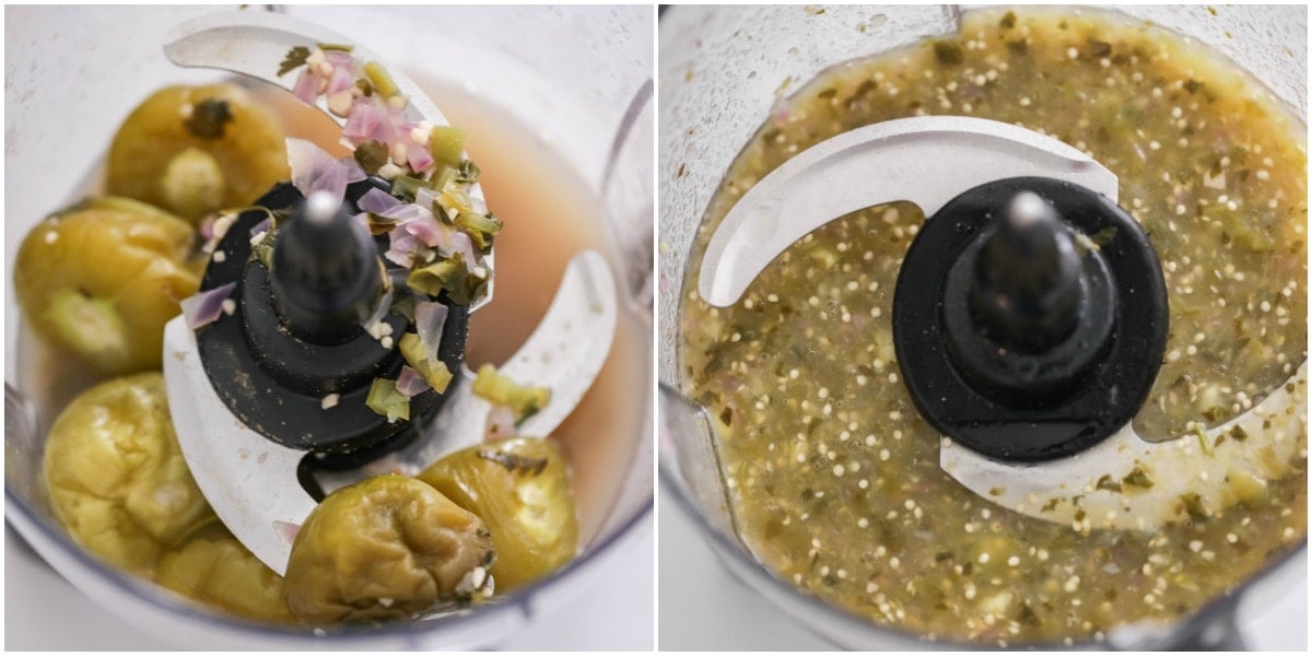 Tomatillos en purée dans un robot culinaire