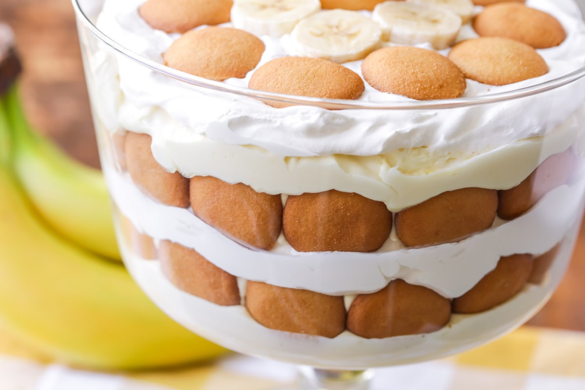 Banana Pudding and cookies layered in a trifle dish.