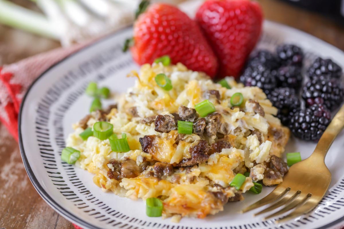 Crockpot Breakfast Casserole served with fresh berries