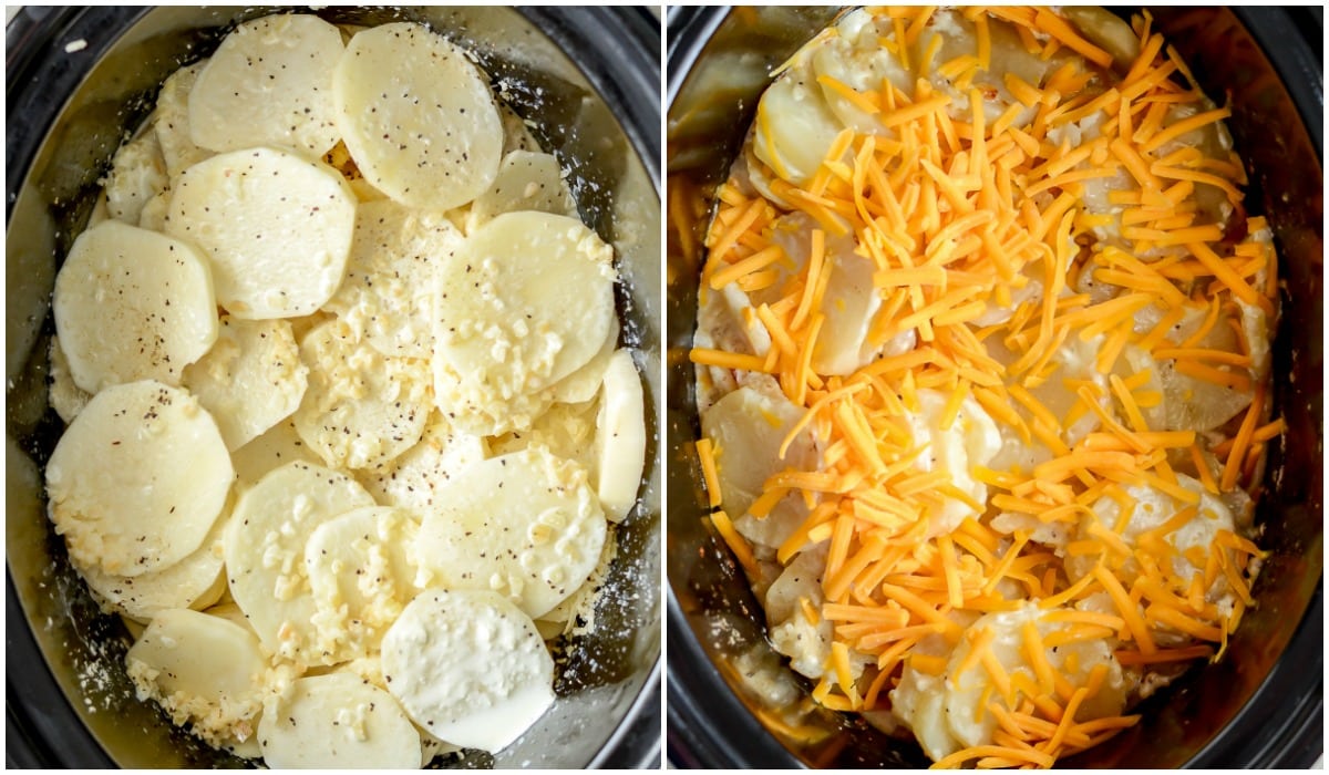 Layering ingredients for crock pot scalloped potatoes in a slow cooker.