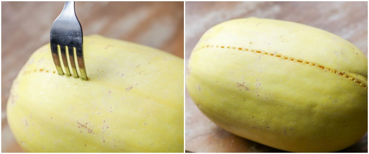 Perforate spaghetti squash with a fork before cutting