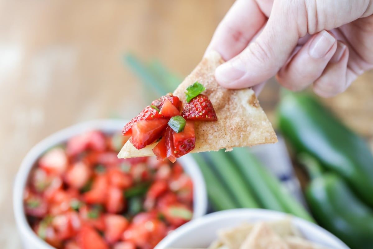Strawberry Salsa served with Cinnamon Chips.