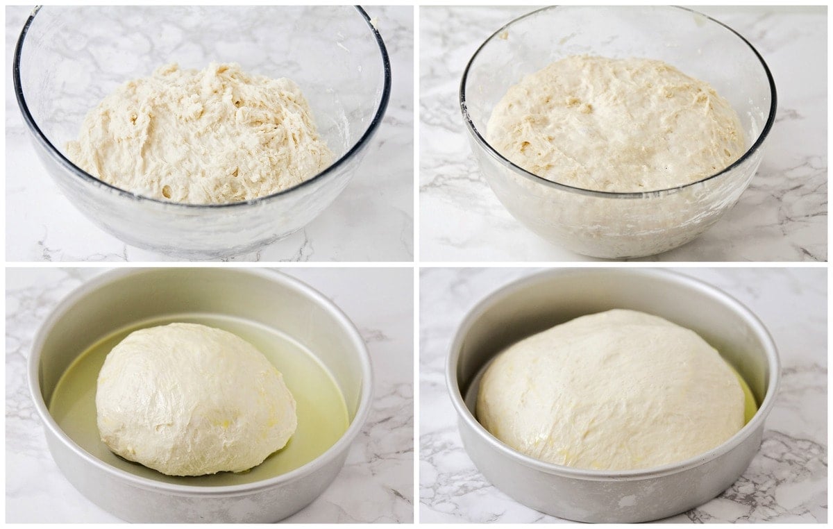 Step by step collage for raising focaccia bread dough