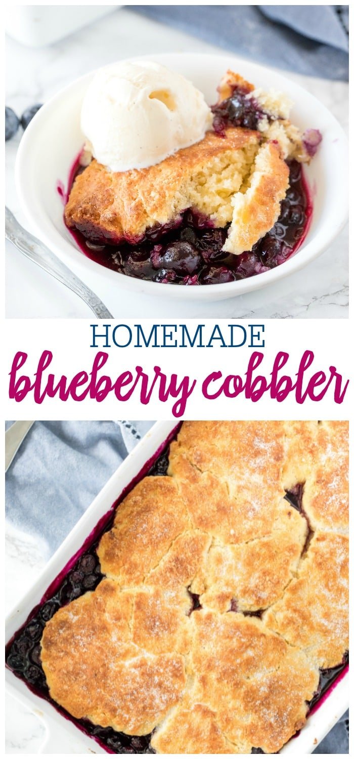 This delicious blueberry cobbler has a fluffy biscuit top, and tons of juicy blueberries. Serve it with a scoop of vanilla ice cream for the perfect summer treat! Collage for Blueberry Cobbler Recipe