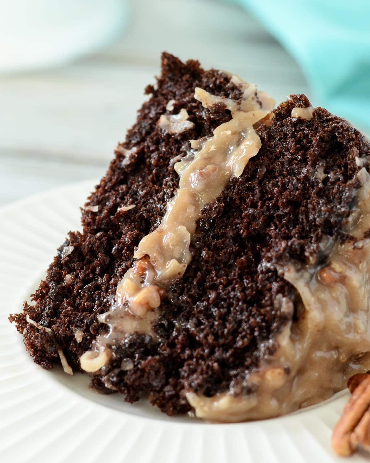 Slice of german chocolate cake on a plate