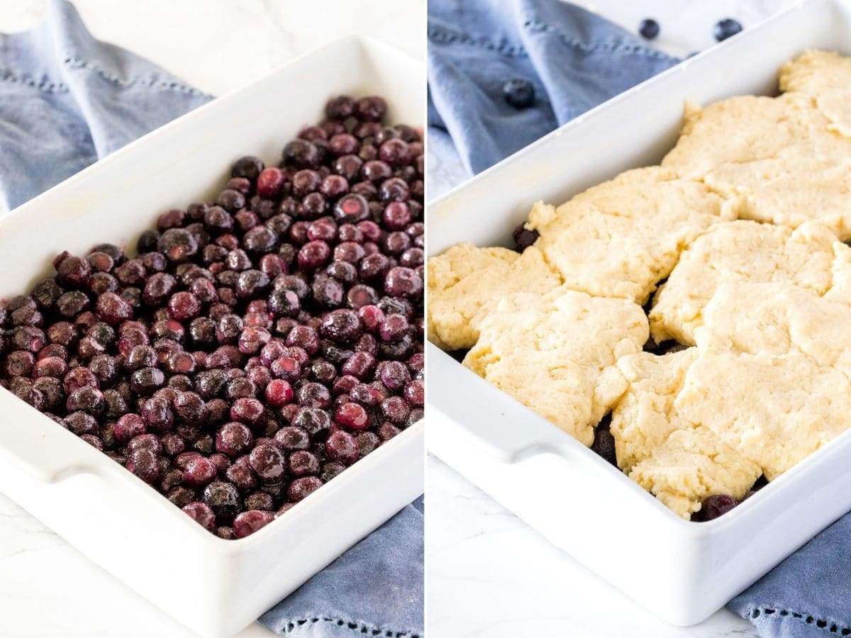 How to make blueberry cobbler process pics - layering in a baking dish.