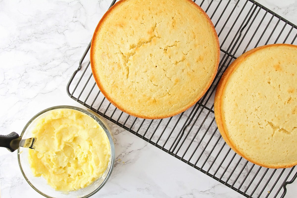 Boston cream cake rounds cooling on a wire rack.