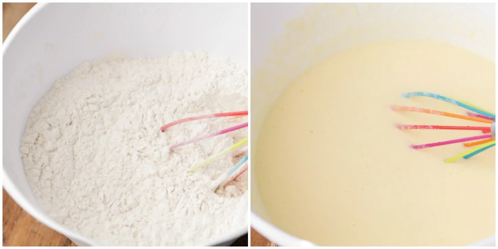 Collage of mixing the dry ingredients and the wet ingredients for the waffles.