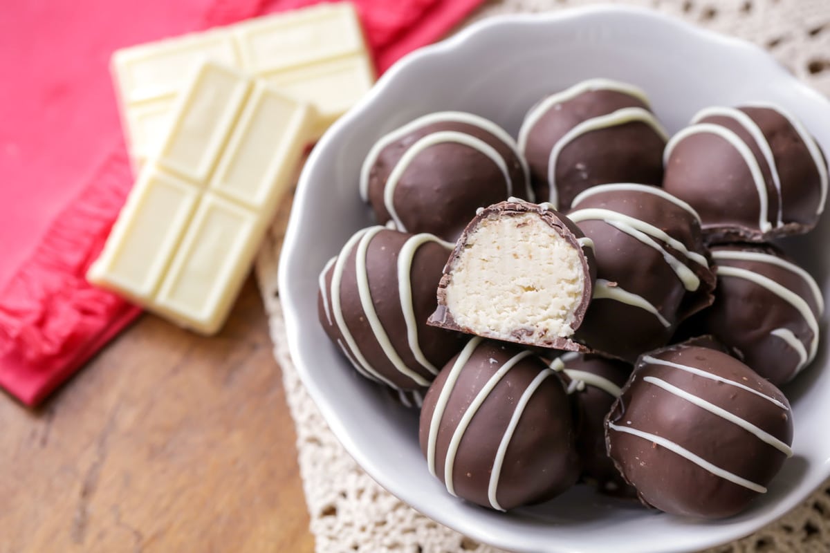 Cheesecake bites in a white bowl