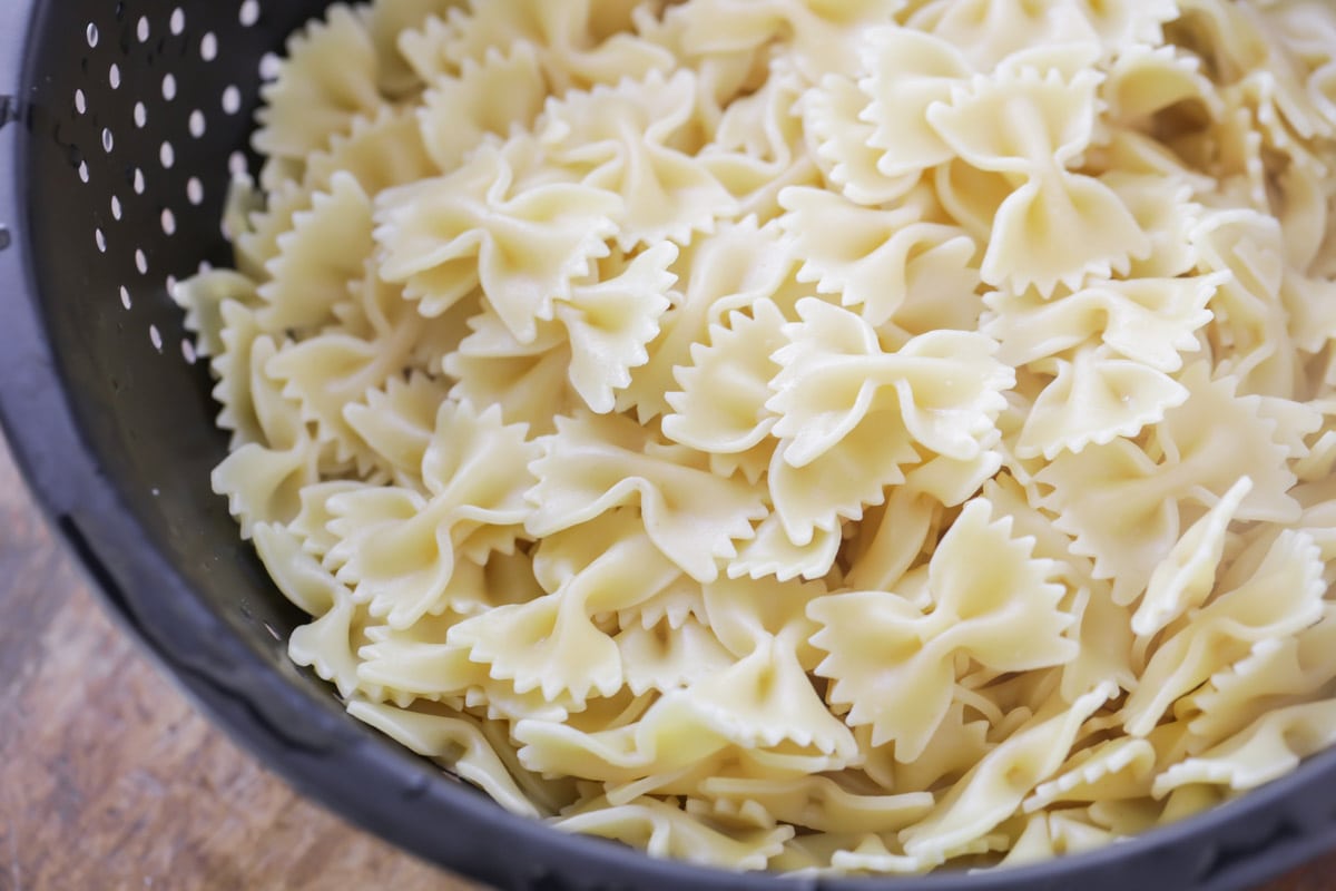 Bowtie pasta in colander