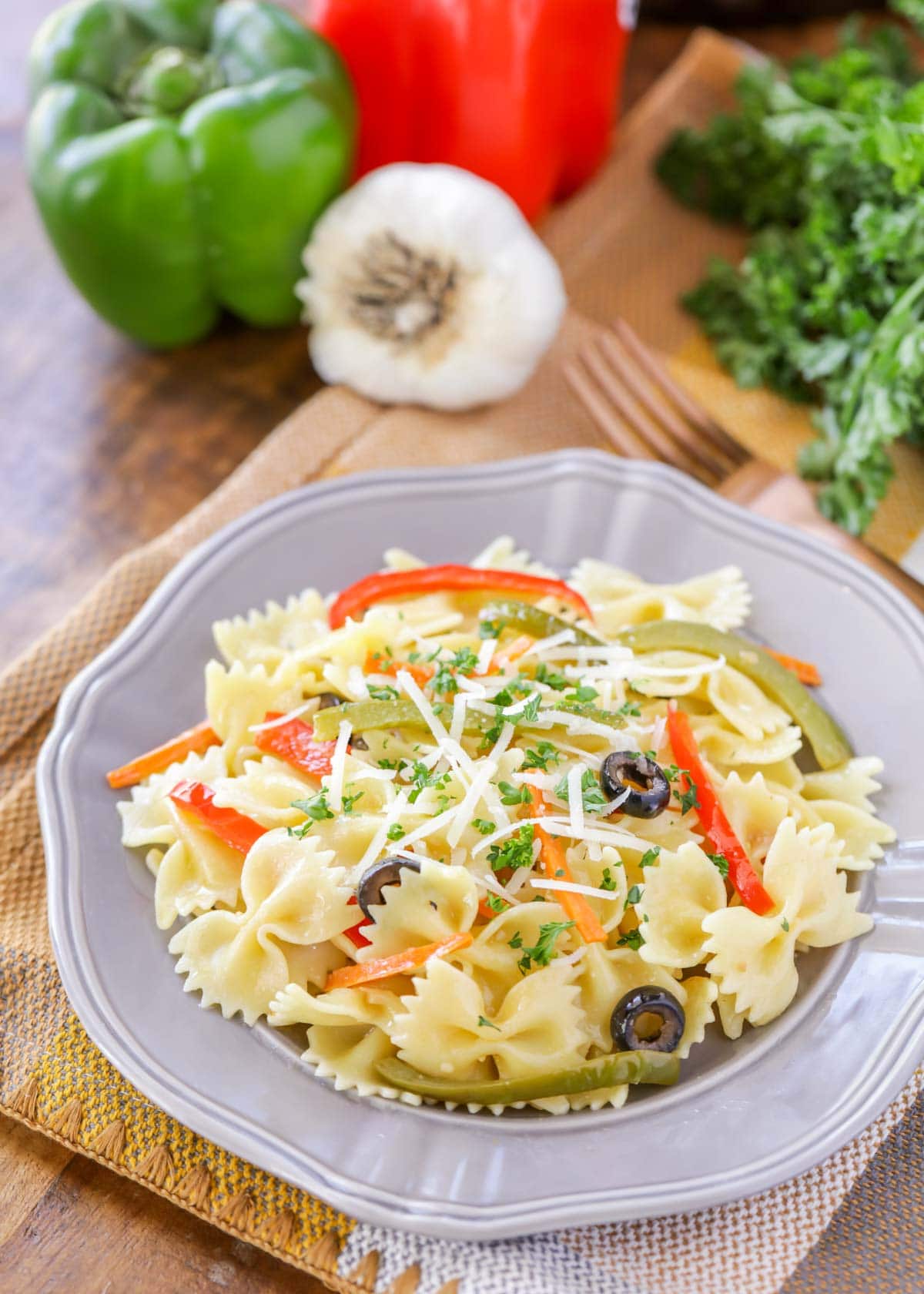 Garlic Butter Pasta recipe on gray plate