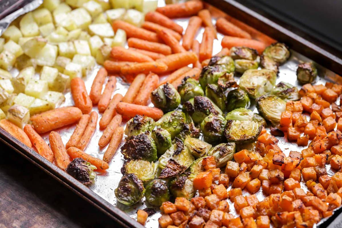 Father's Day Recipes - Oven roasted vegetables on a sheet pan lined with tin foil.