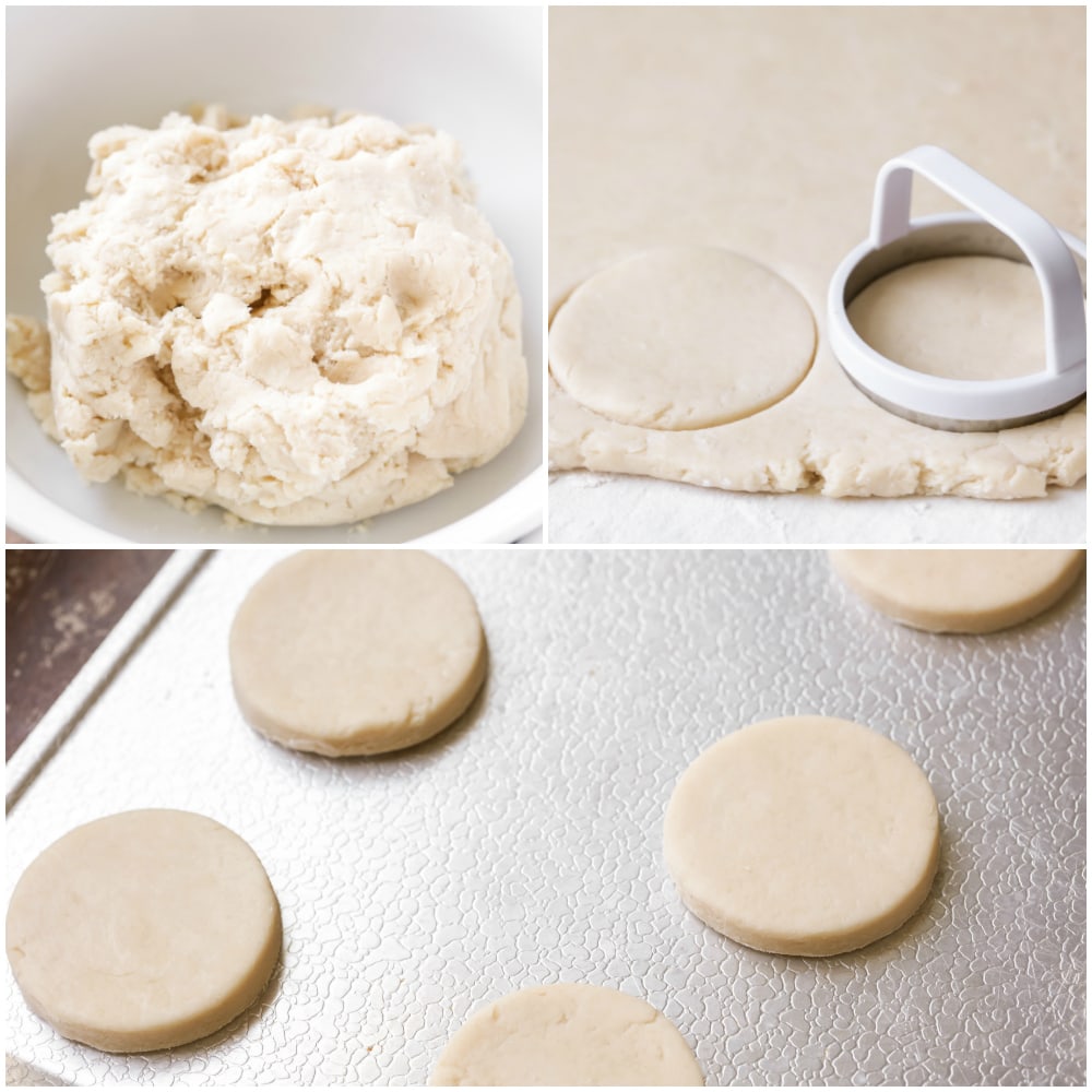 Collage of making shortcake biscuits, the dough, using cookie cutters to cut the dough, and the biscuit dough on a baking sheet