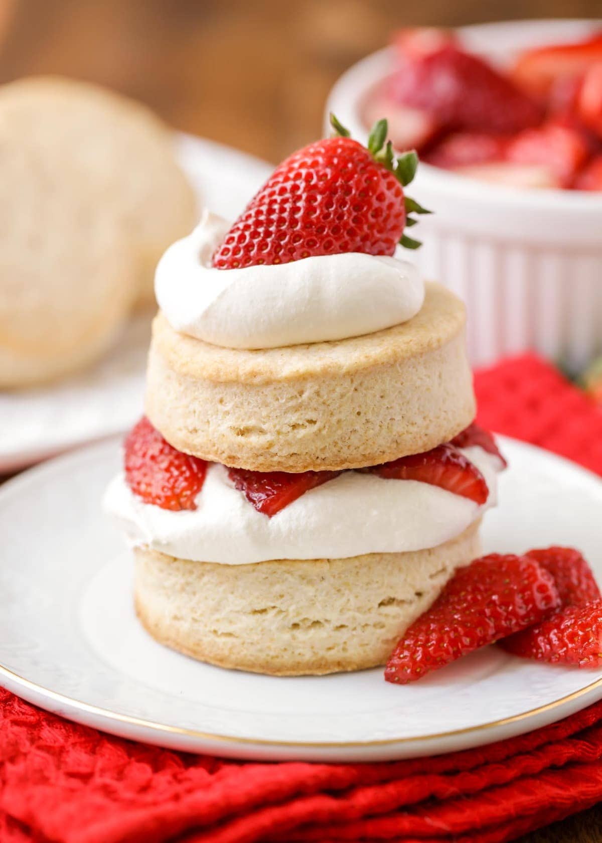 Old fashioned strawberry shortcake on a white plate