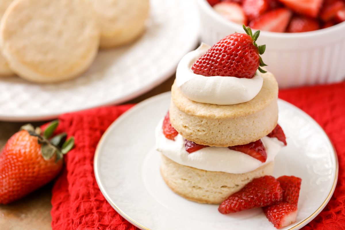 Two strawberry shortcake biscuits with whipped cream and strawberries in between and on top